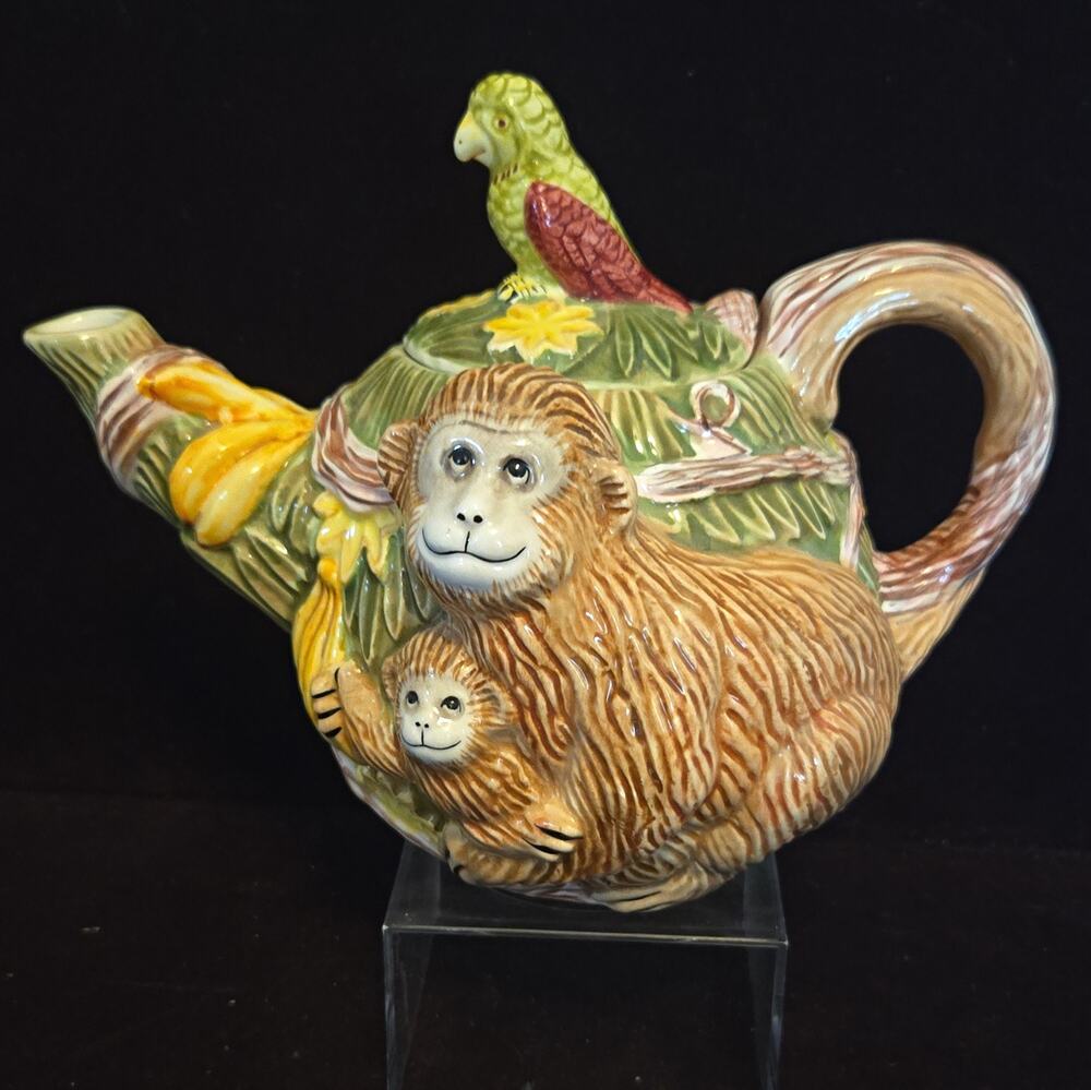 Vintage Monkey & Parrot Ceramic Teapot Jungle Spree Majolica Style Glazed